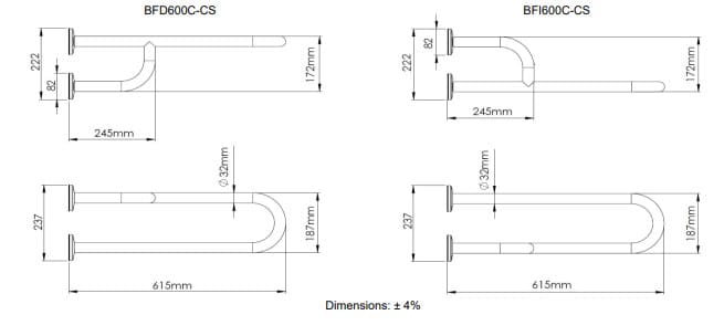 Bản vẽ kỹ thuật thanh vịn bên trái gắn tường có 3 điểm tựa Mediclinics BFD600CS