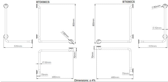Bản vẽ kỹ thuật thanh vịn góc 90° Tây Ban Nha Mediclinics BTD090CS