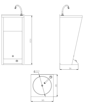 Bản vẽ kỹ thuật chậu rửa tay có bàn đạp chân làm bằng thép Mediclinics SNLMP60CS