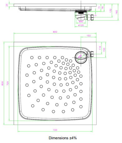 Bản vẽ kỹ thuật khay tắm đứng bằng thép Mediclinics SN0800CS