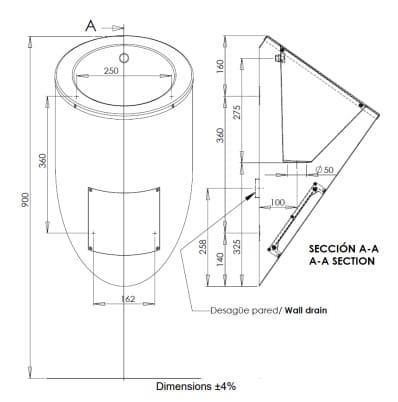 Bản vẽ kỹ thuật tiểu nam treo tường bằng thép Mediclinics SNU104C