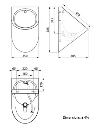 Bản vẽ kỹ thuật tiểu nam treo tường bằng thép Mediclinics SNU128CS