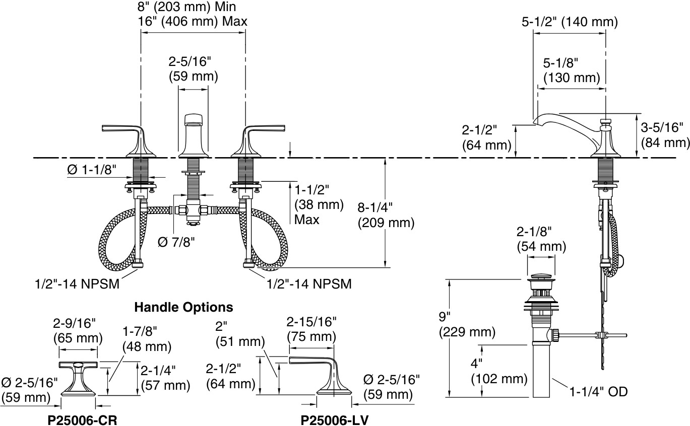 Bản vẽ vòi lavabo nóng lạnh gắn chậu Kallista P25006