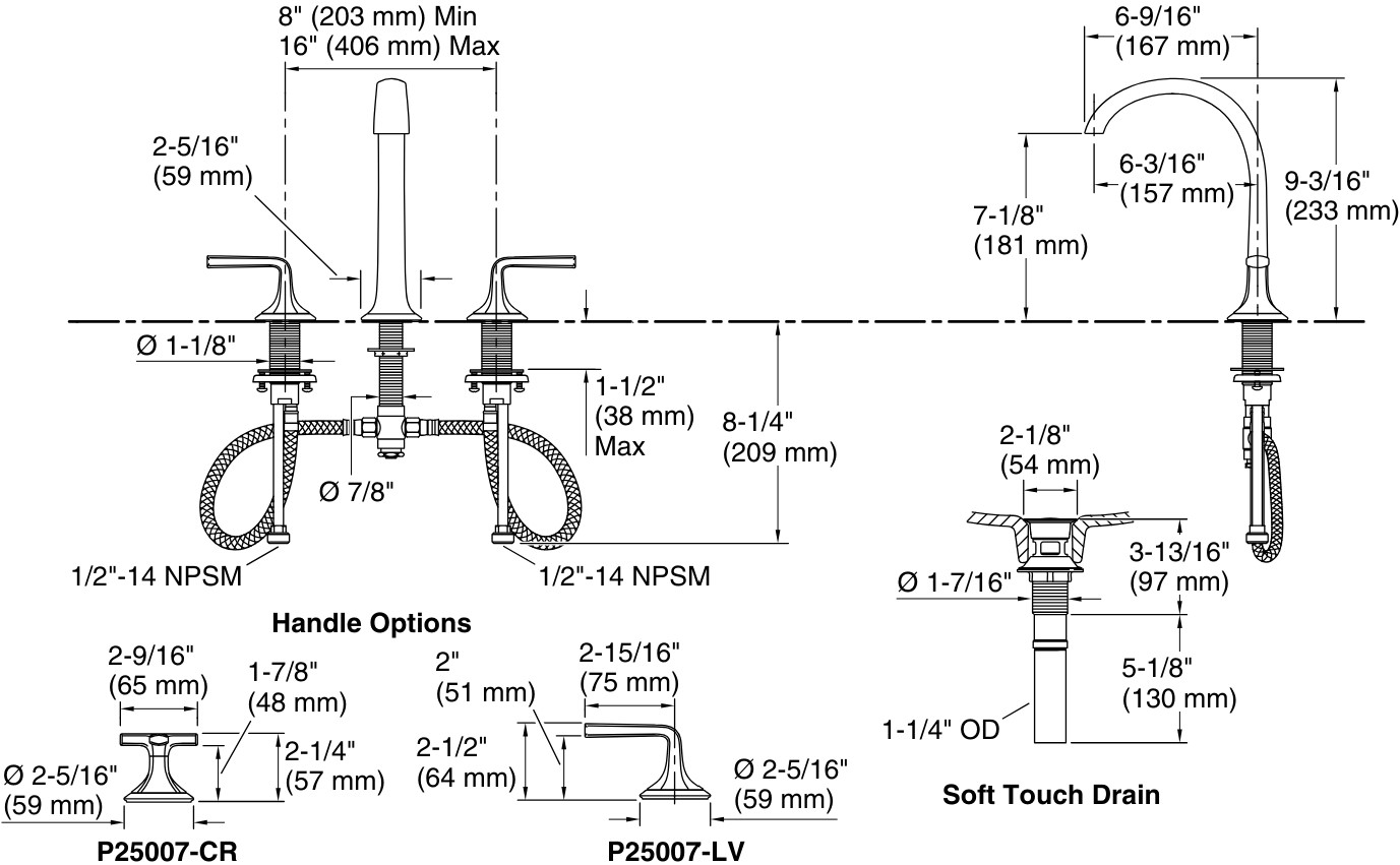 Bản vẽ vòi lavabo nóng lạnh gắn chậu Kallista P25007