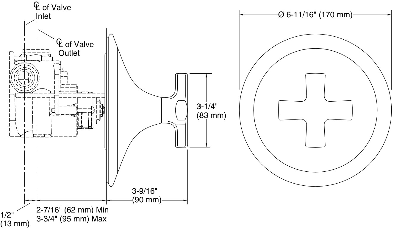 Bản vẽ mặt nạ điều chỉnh gắn tường Kallista P25022-CR
