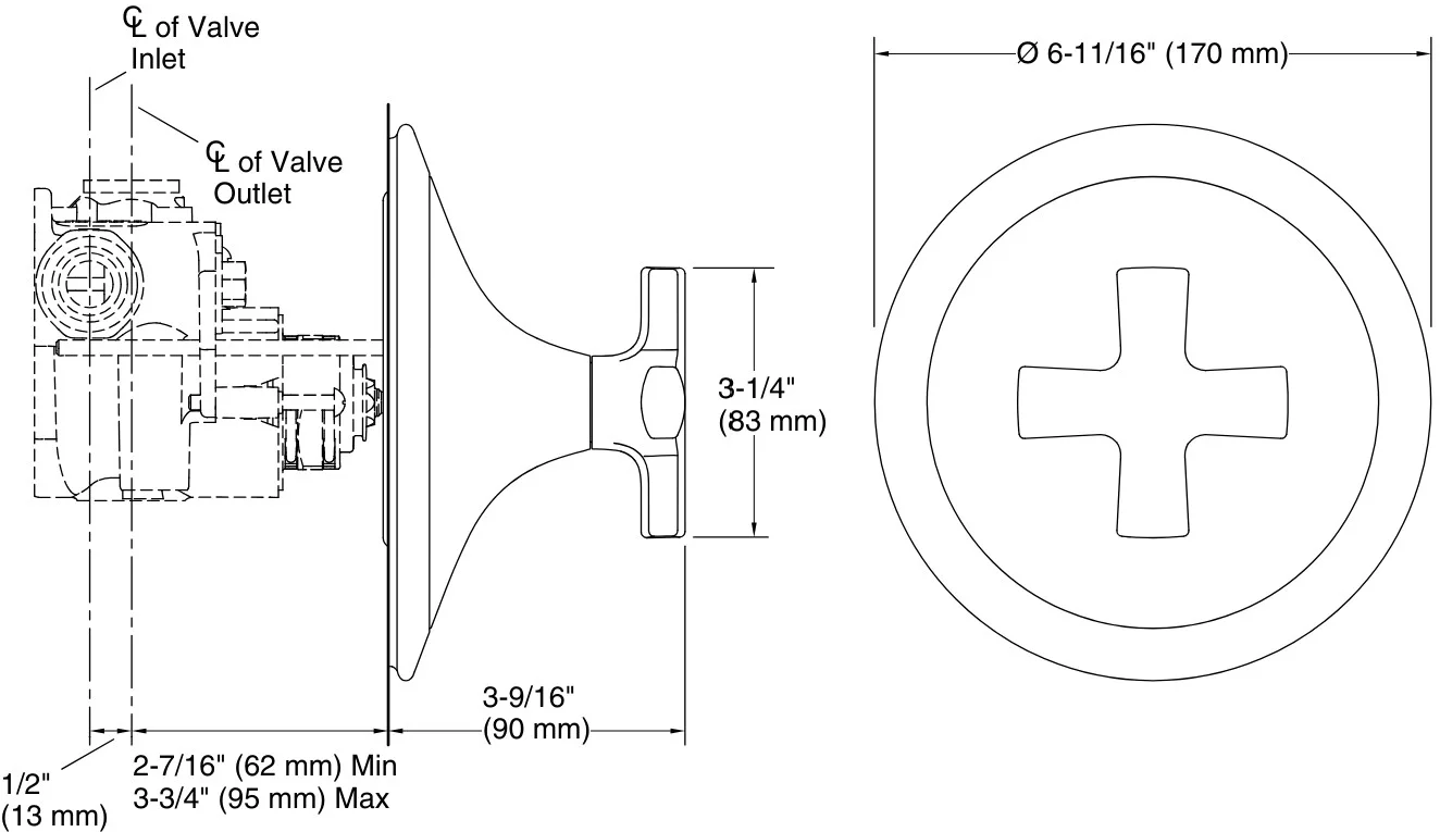 Bản vẽ mặt nạ điều chỉnh gắn tường Kallista P25022-CR