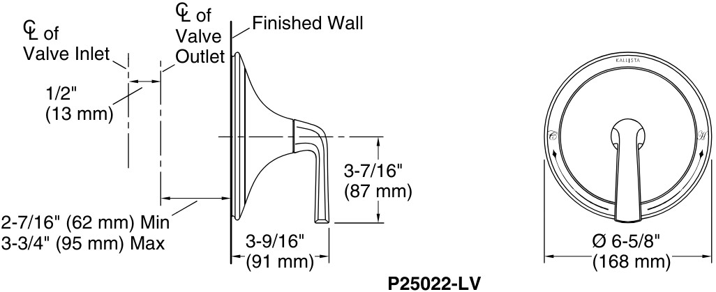 Bản vẽ mặt nạ điều chỉnh gắn tường Kallista P25022-LV