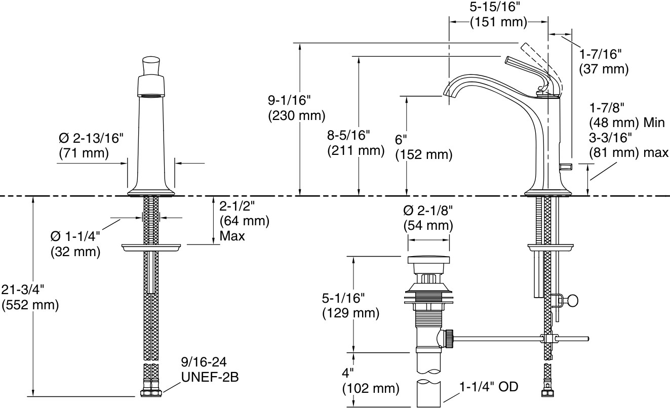 Bản vẽ vòi lavabo nóng lạnh gắn chậu Kallista P26619