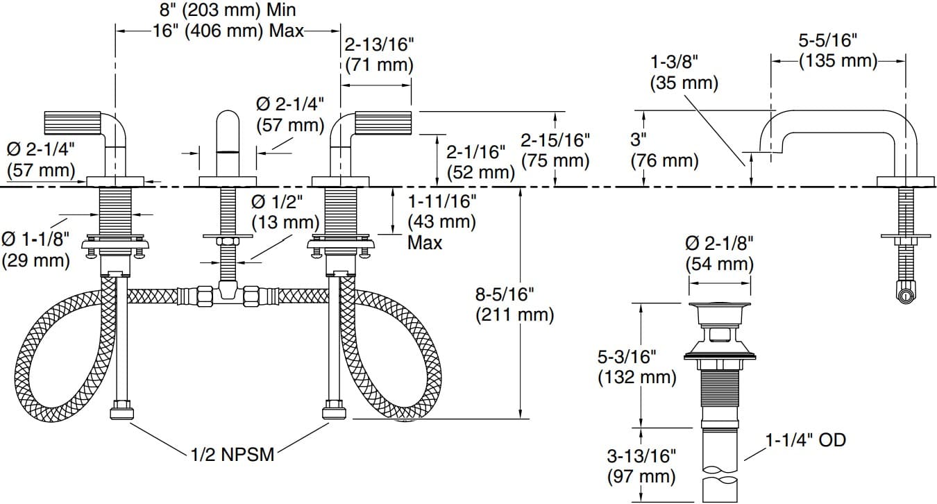 Bản vẽ vòi lavabo nóng lạnh gắn chậu Kallista P32412-LV-BAF