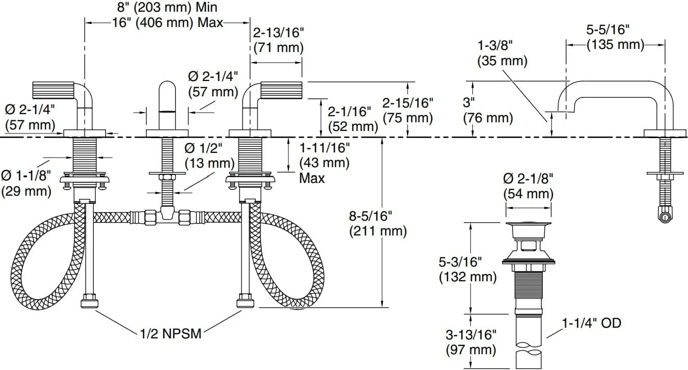 Bản vẽ vòi lavabo nóng lạnh gắn chậu Kallista P32412-LV-BAF