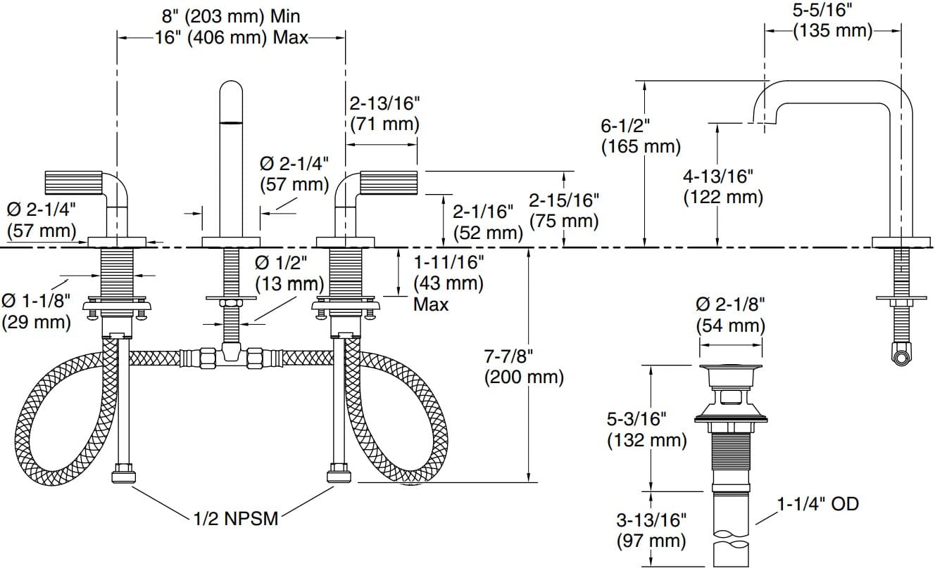 Bản vẽ vòi lavabo nóng lạnh gắn chậu Kallista P32413