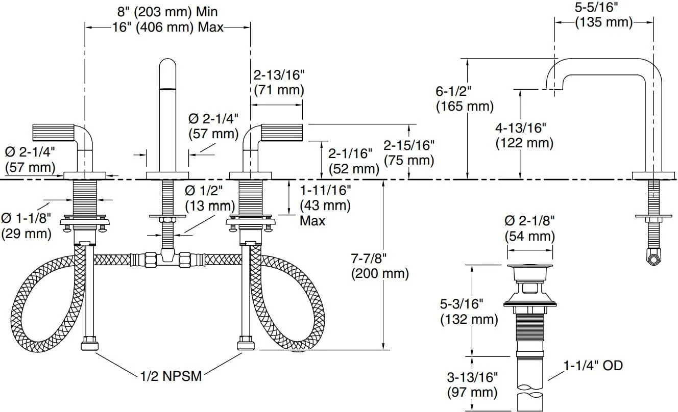 Bản vẽ vòi lavabo nóng lạnh gắn chậu Kallista P32413