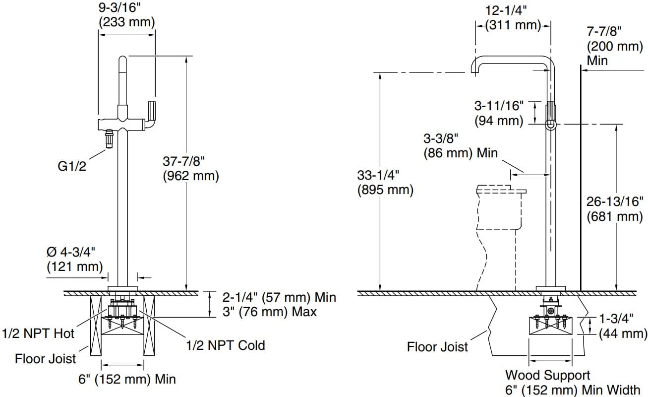 Bản vẽ vòi bồn tắm 1 chân Kallista P32420