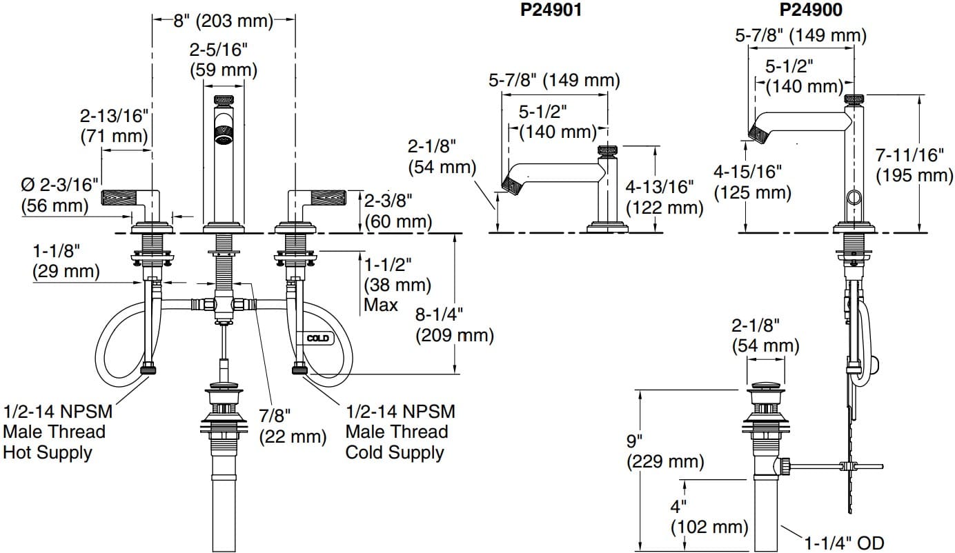 Bản vẽ vòi lavabo nóng lạnh gắn chậu Kallista P24900-BAF-BAF