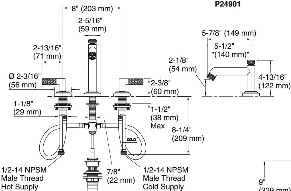 Bản vẽ vòi lavabo nóng lạnh gắn chậu Kallista P24901