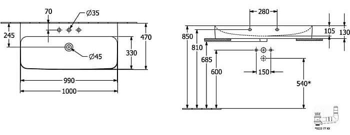 Bản vẽ kỹ thuật chậu rửa lavabo Villeroy-boch Finion 41681BRW