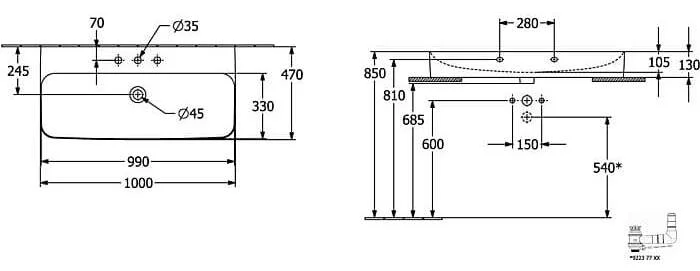 Bản vẽ kỹ thuật chậu rửa lavabo Villeroy-boch Finion 41681BRW