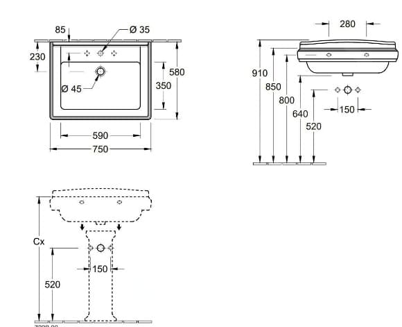 Bản vẽ kỹ thuật chậu rửa lavabo Villeroy-boch Hommage 7101A1R1