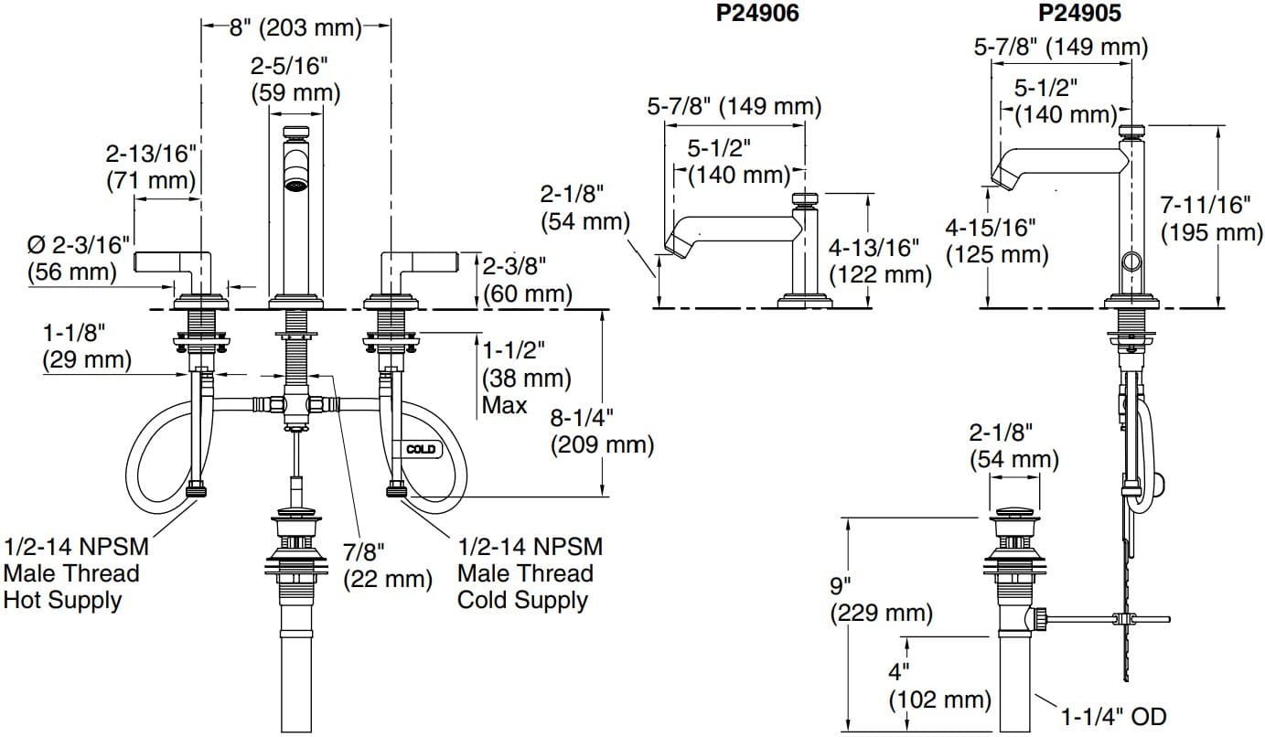 Bản vẽ vòi lavabo nóng lạnh gắn chậu Kallista P24905