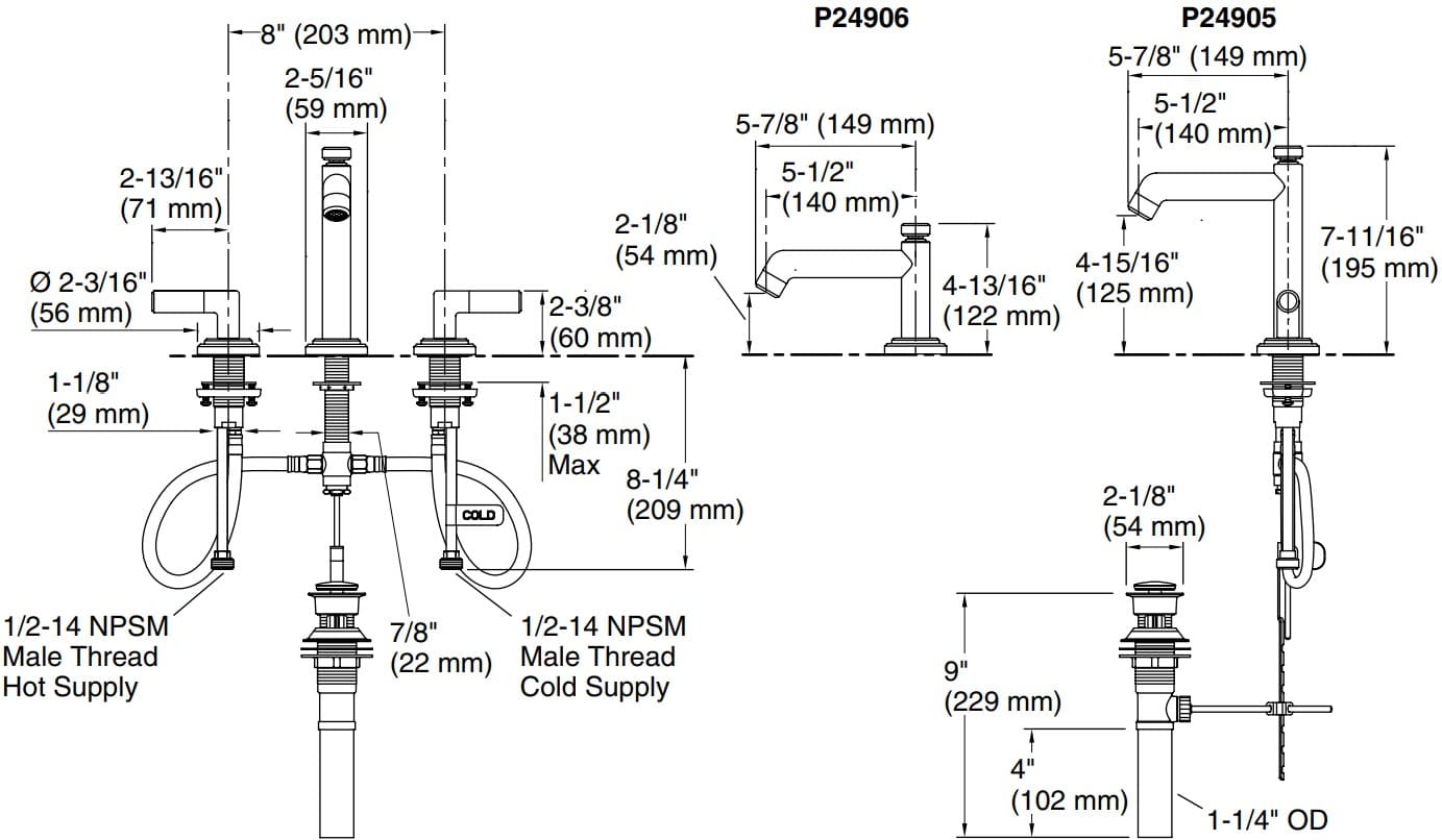 Bản vẽ vòi lavabo nóng lạnh gắn chậu Kallista P24906