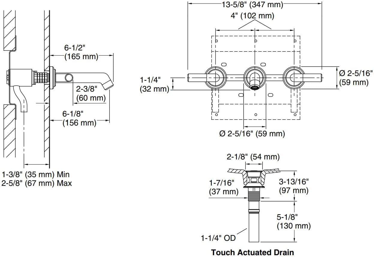 Bản vẽ vòi lavabo nóng lạnh gắn tường Kallista P24911