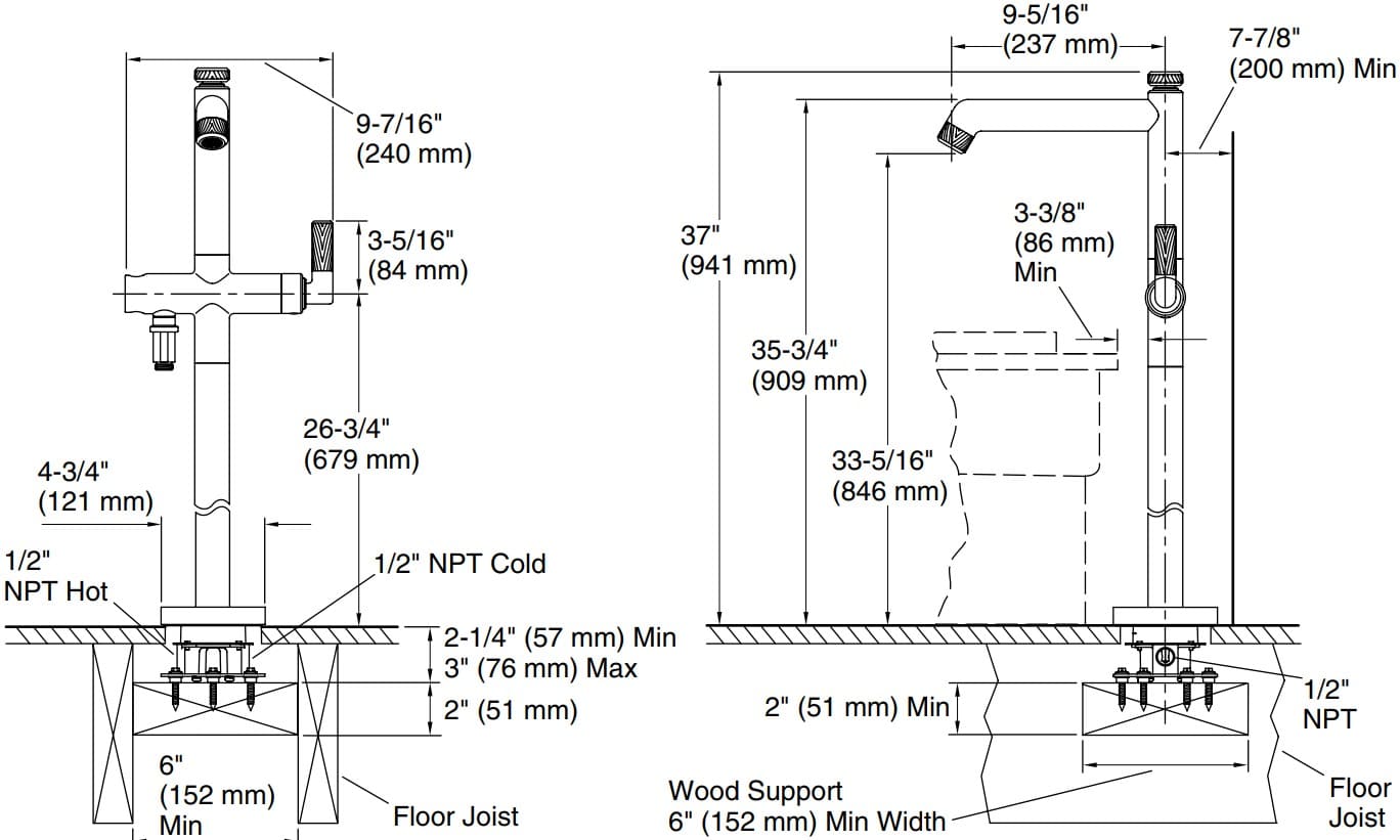 Bản vẽ vòi bồn tắm 1 chân Kallista P24977