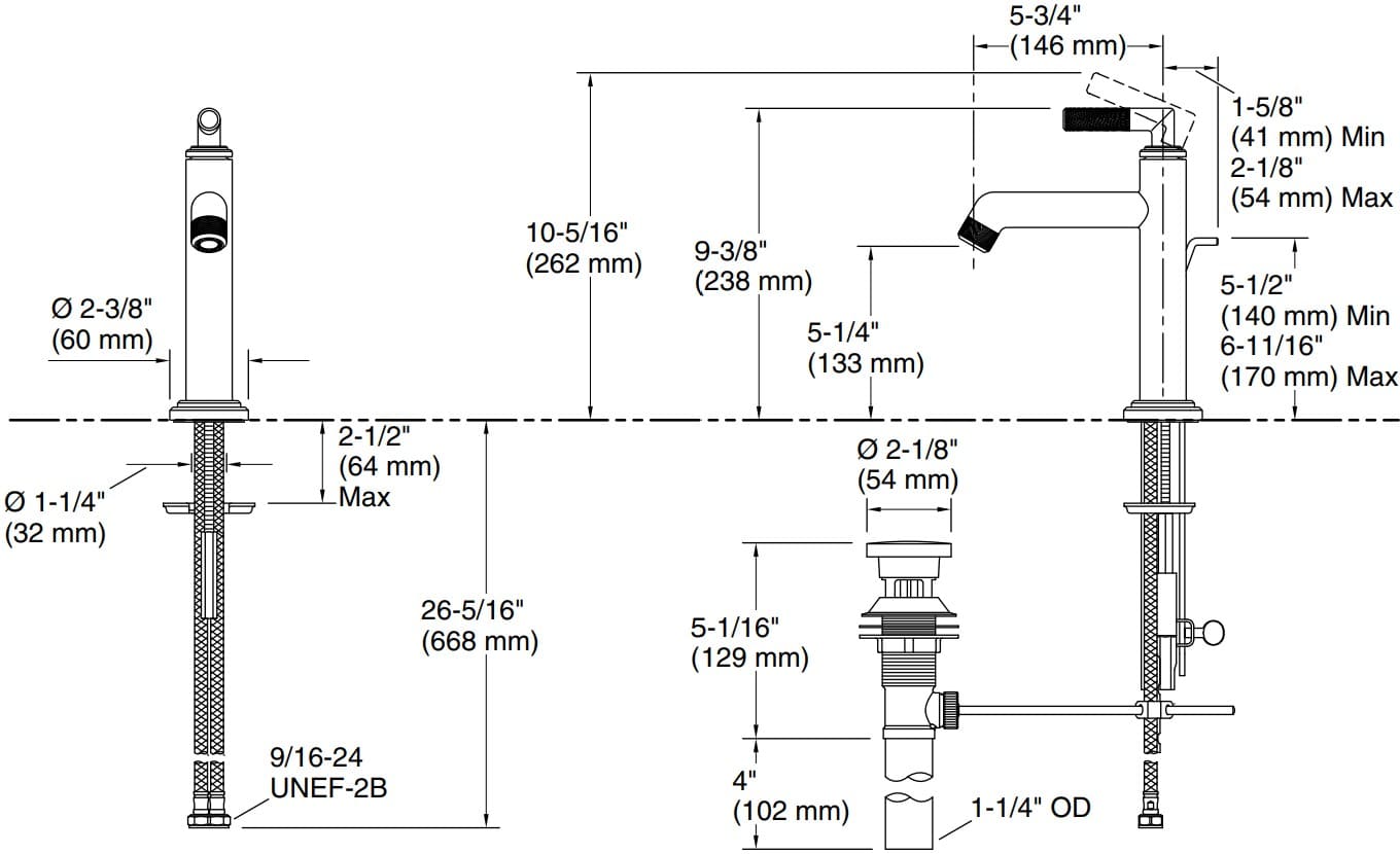 Bản vẽ vòi lavabo nóng lạnh gắn chậu Kallista P26623