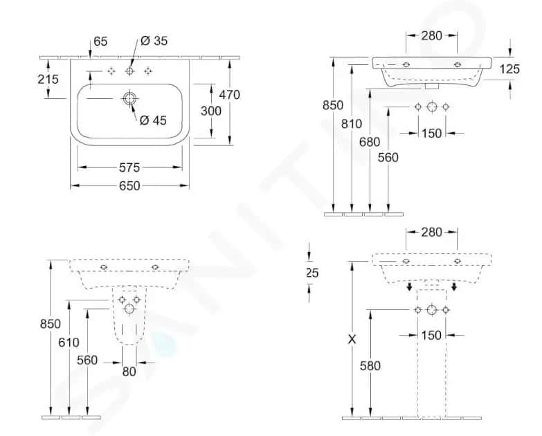Bản vẽ kỹ thuật chậu rửa lavabo Villeroy-boch Architectura 4188KG01