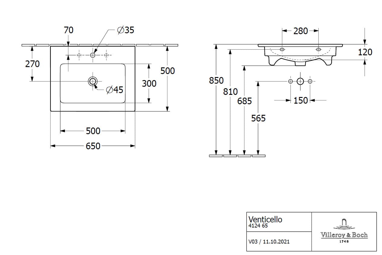 Bản vẽ kỹ thuật chậu rửa lavabo Villeroy-boch Venticello 412465RW