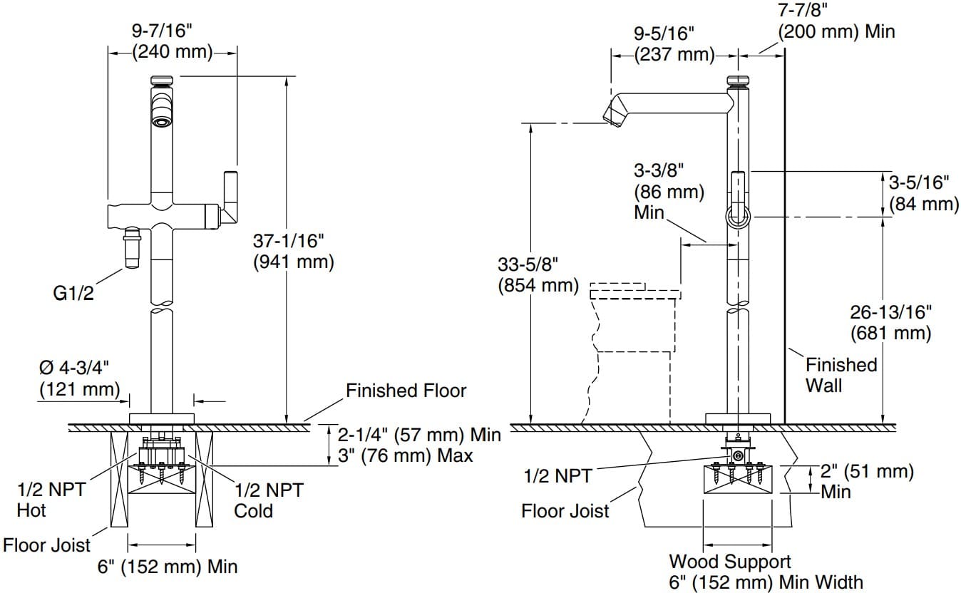 Bản vẽ vòi bồn tắm 1 chân Kallista P24978