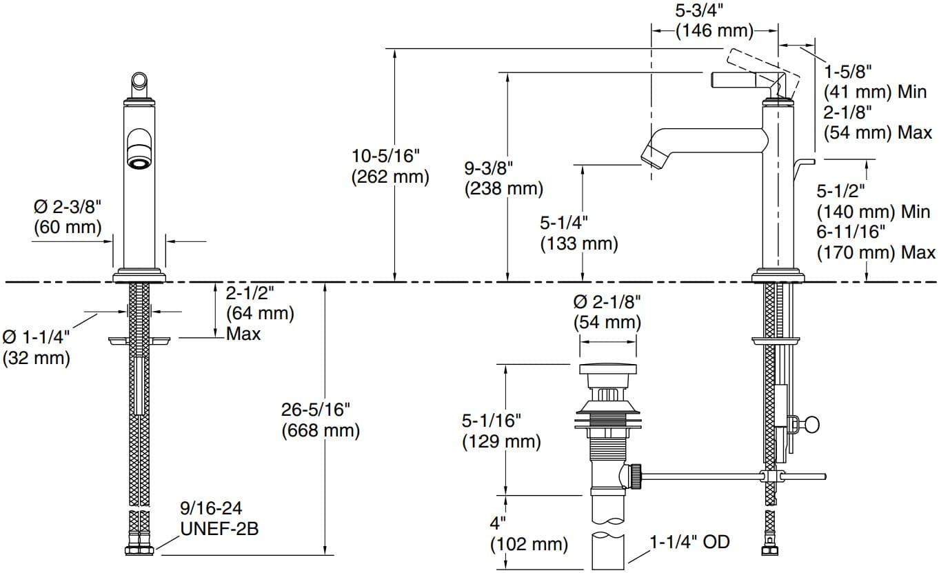 Bản vẽ vòi lavabo nóng lạnh gắn chậu Kallista P31590