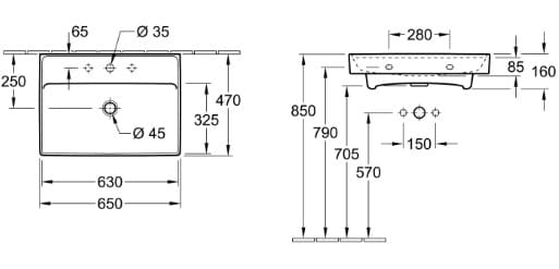Bản vẽ kỹ thuật chậu rửa lavabo Đức Villeroy-boch Collaro 4A336801