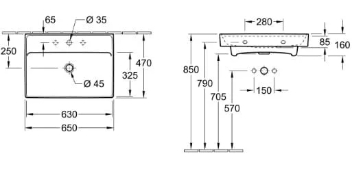 Bản vẽ kỹ thuật chậu rửa lavabo Đức Villeroy-boch Collaro 4A336801