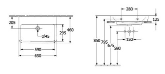 Bản vẽ kỹ thuật chậu rửa lavabo Đức Villeroy-boch O.novo 4A41KFT2 