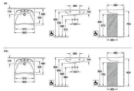 Bản vẽ kỹ thuật chậu rửa lavabo Villeroy-boch ViCare 71196101