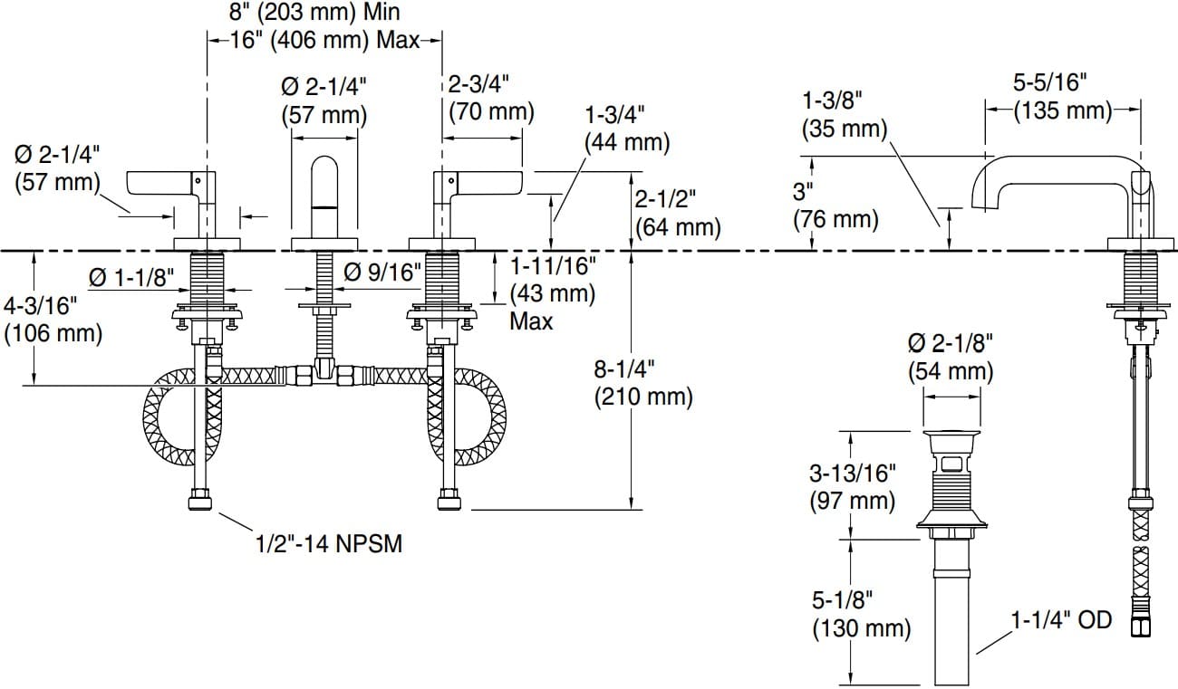 Bản vẽ vòi lavabo nóng lạnh gắn chậu Kallista P23320