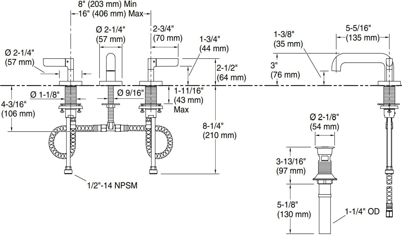 Bản vẽ vòi lavabo nóng lạnh gắn chậu Kallista P23320