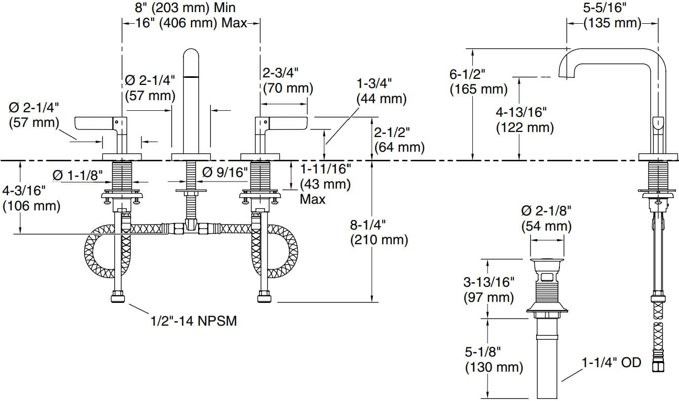 Bản vẽ vòi lavabo nóng lạnh gắn chậu Kallista P23325
