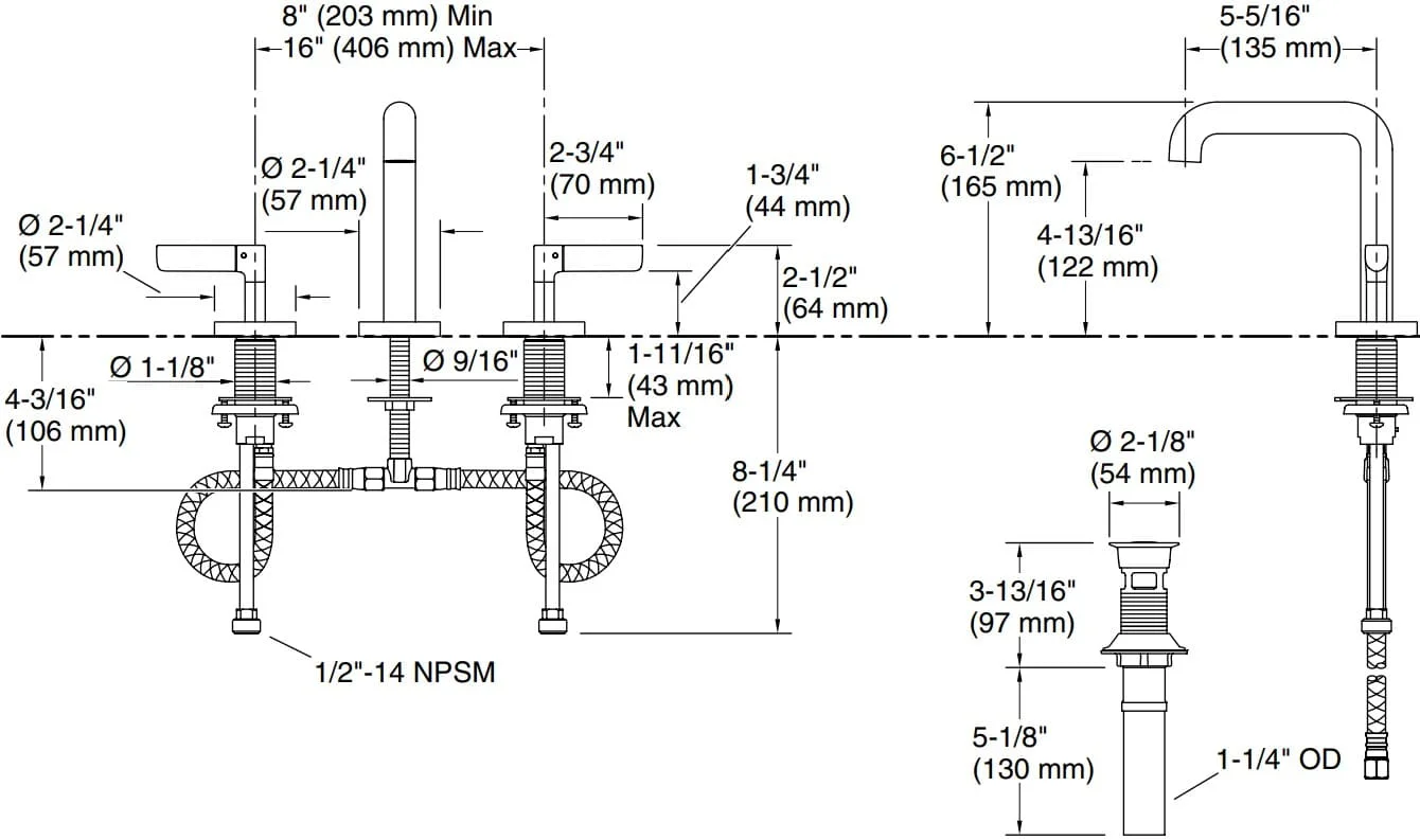 Bản vẽ vòi lavabo nóng lạnh gắn chậu Kallista P23325