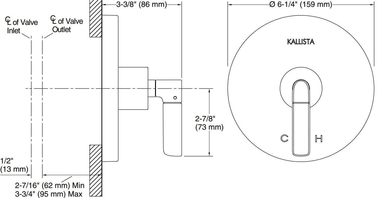 Bản vẽ mặt nạ điều chỉnh gắn tường Kallista P23329