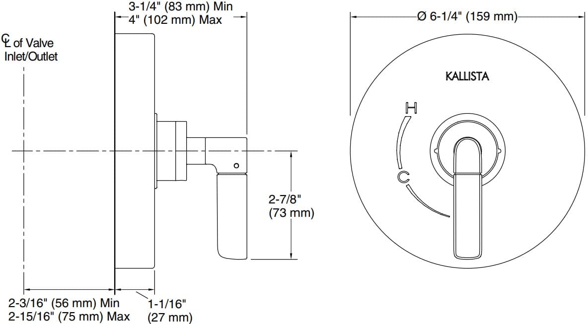 Bản vẽ mặt nạ điều chỉnh gắn tường Kallista P23332