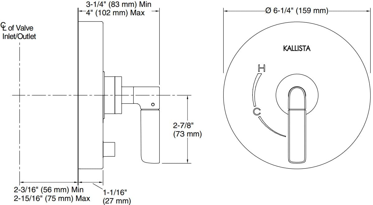 Bản vẽ mặt nạ điều chỉnh gắn tường Kallista P23333