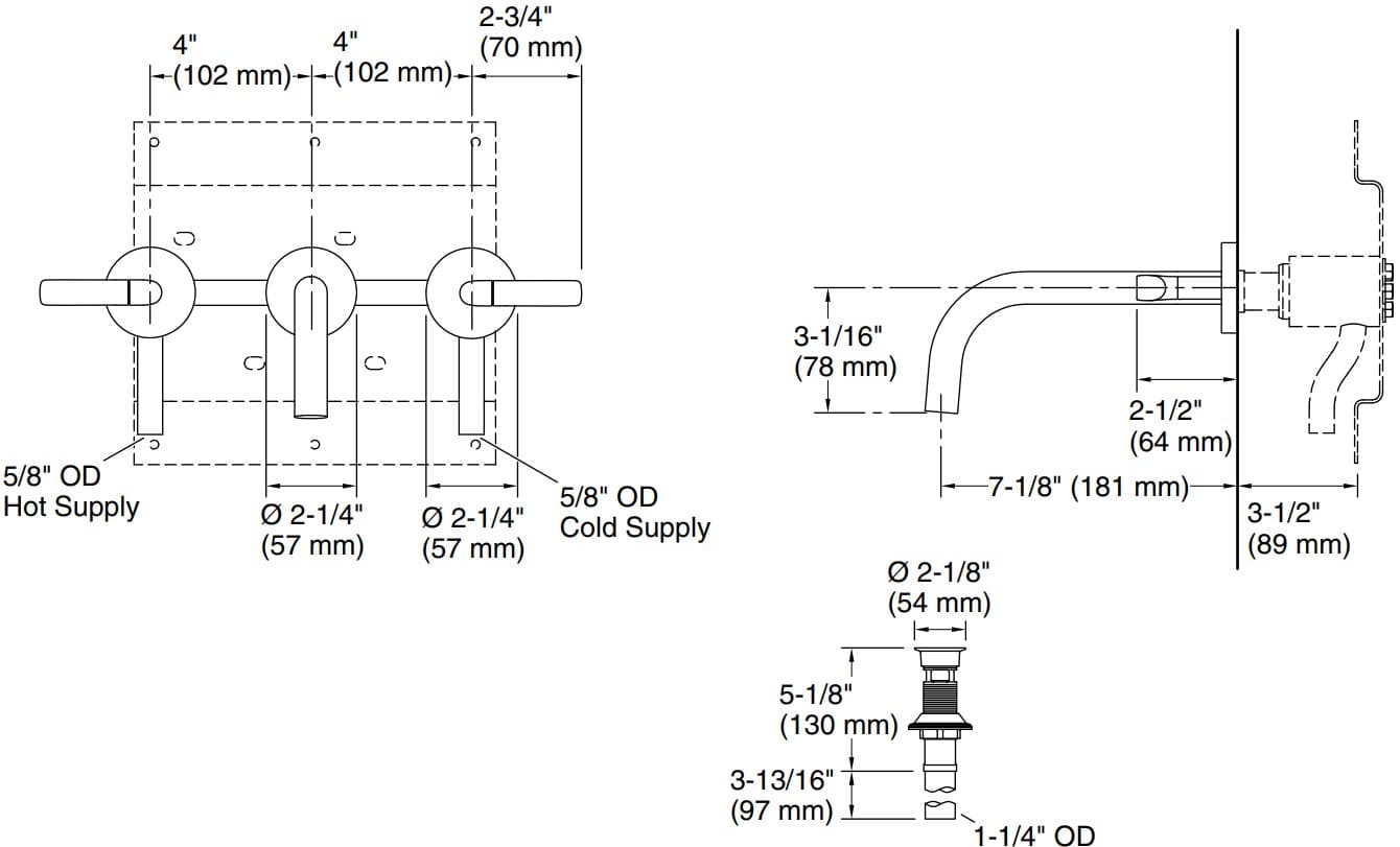 Bản vẽ vòi lavabo nóng lạnh gắn tường Kallista P23347