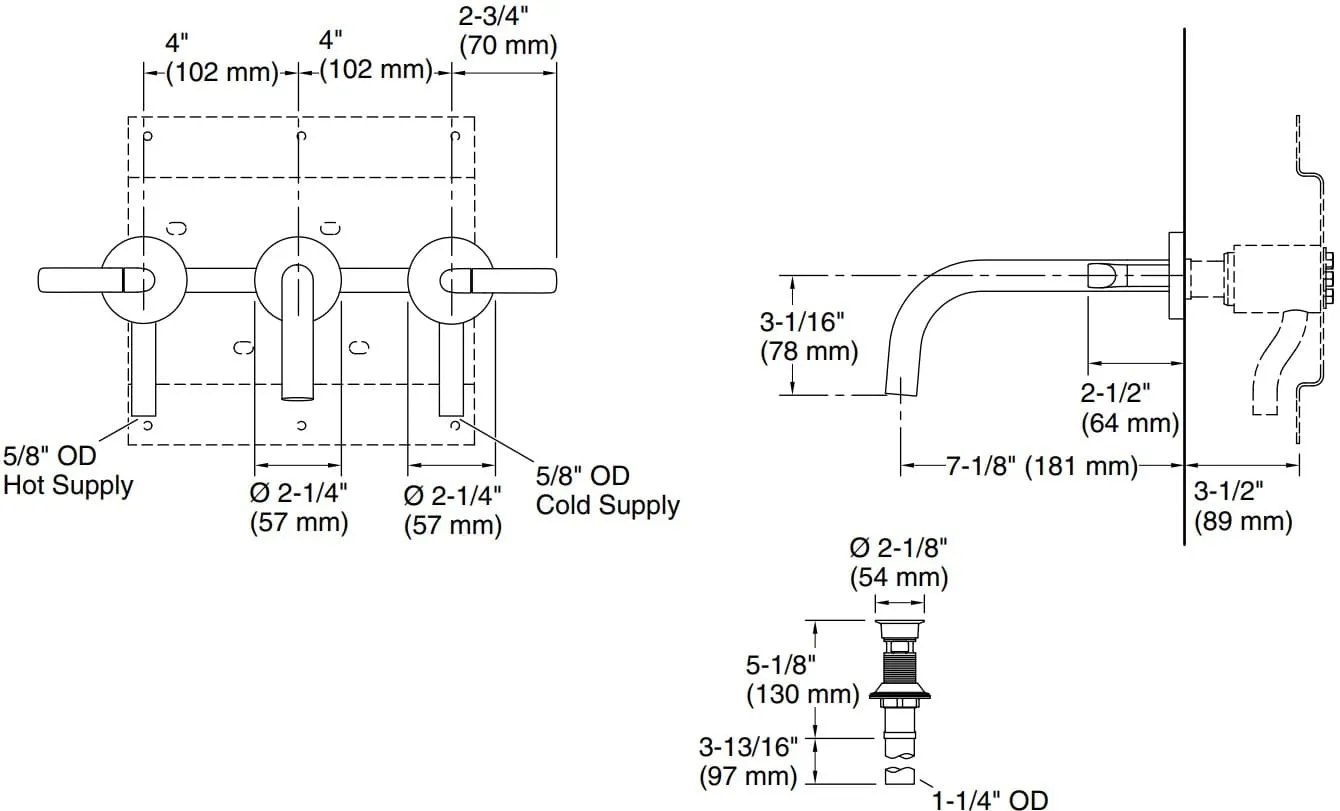 Bản vẽ vòi lavabo nóng lạnh gắn tường Kallista P23347