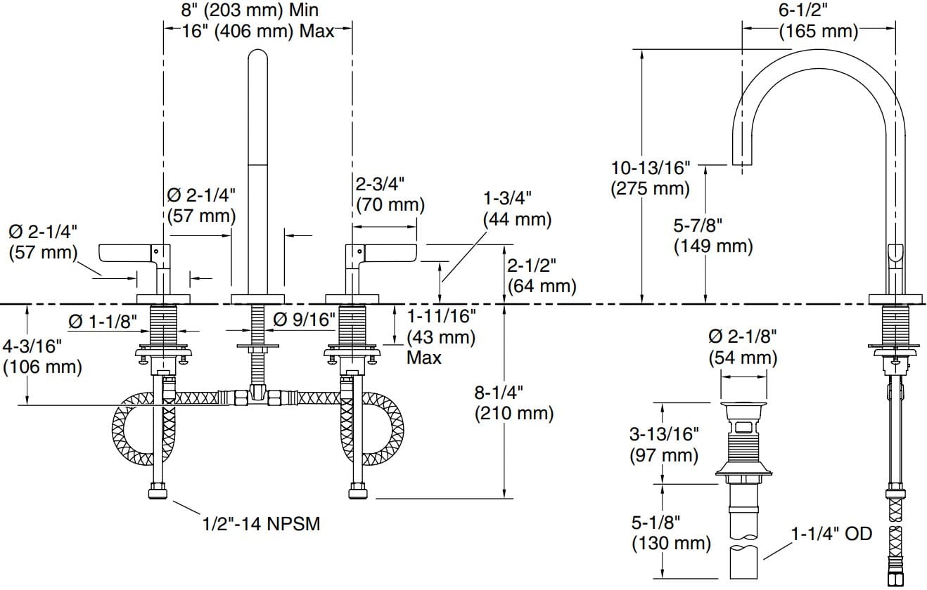 Bản vẽ vòi lavabo nóng lạnh gắn chậu Kallista P23348