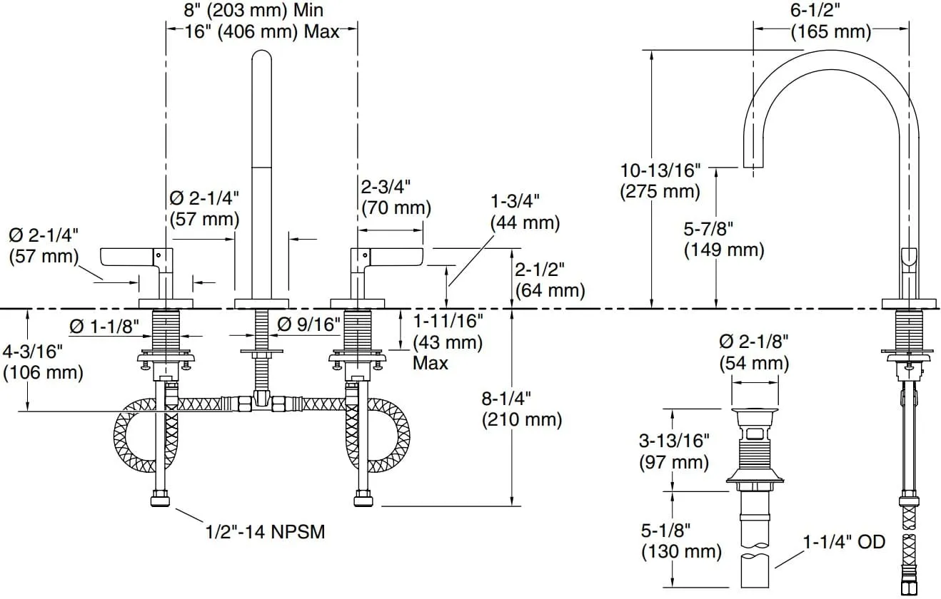 Bản vẽ vòi lavabo nóng lạnh gắn chậu Kallista P23348