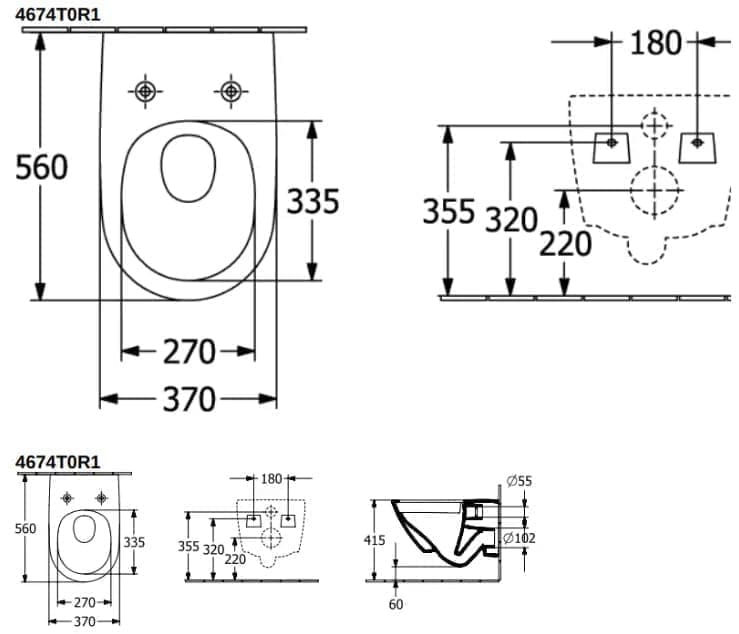 Bản vẽ kỹ thuật bồn cầu treo tường Đức Villeroy-Boch Antao 4674T0AM