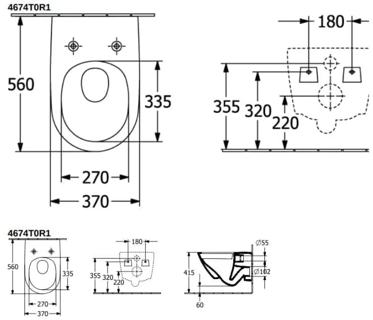 Bản vẽ kỹ thuật bồn cầu treo tường Đức Villeroy-Boch Antao 4674T0AM