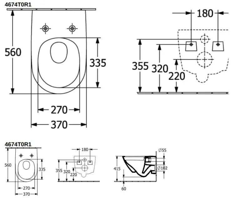 Bản vẽ kỹ thuật bồn cầu treo tường Đức Villeroy-Boch Antao 4674T0R1