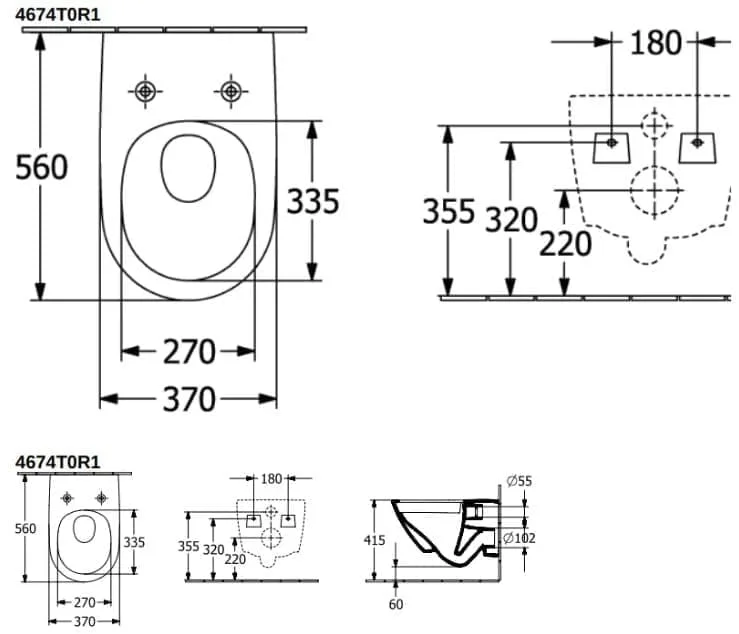 Bản vẽ kỹ thuật bồn cầu treo tường Đức Villeroy-Boch Antao 4674T0R7